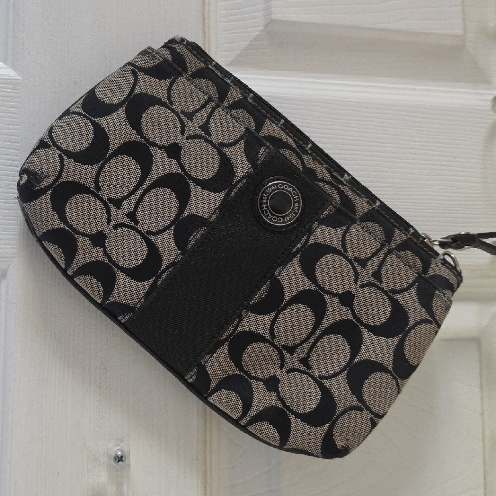 Coach Black & Tan Signature Canvas Wristlet